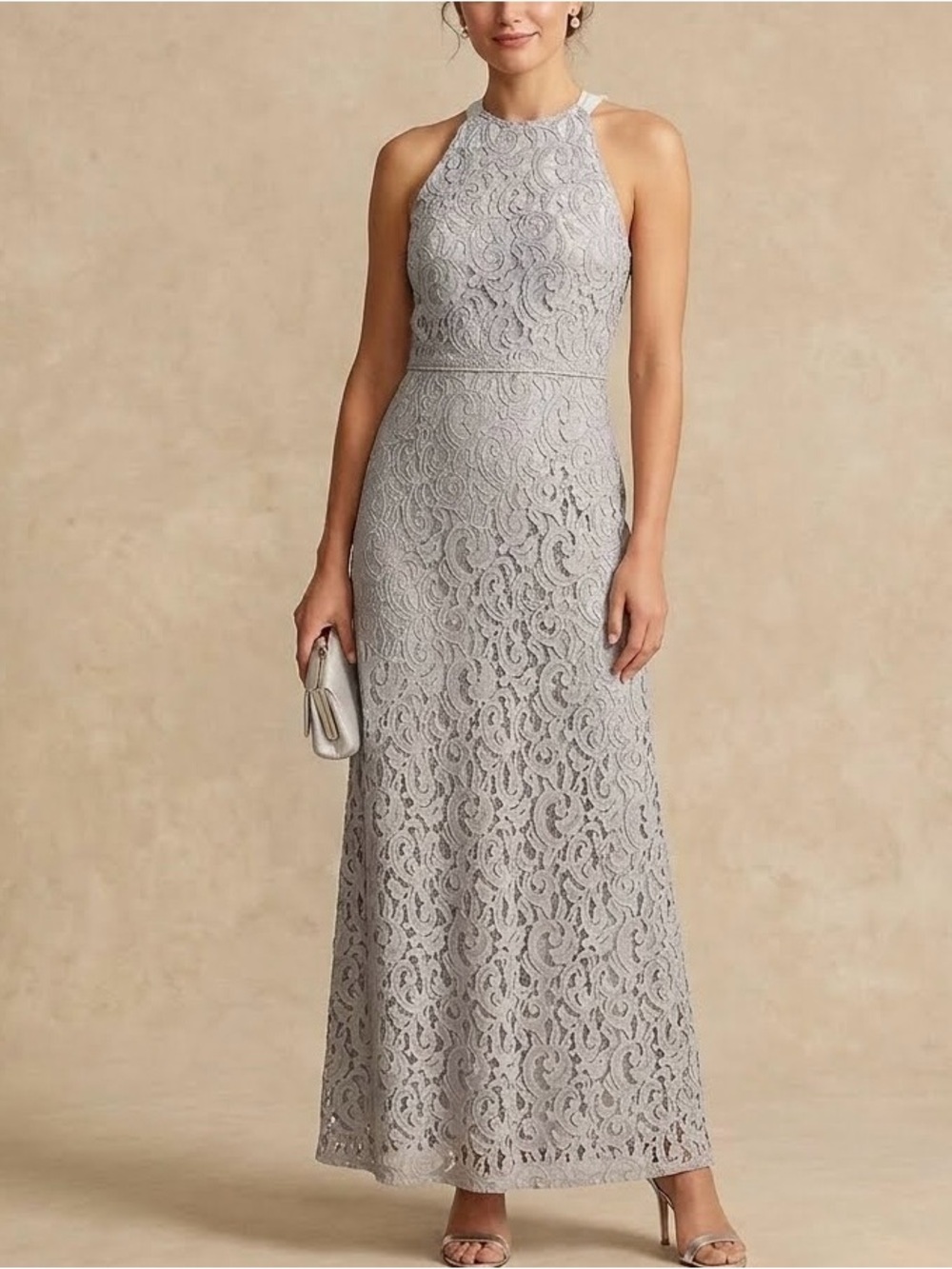 J. Crew Pamela Gown Leavers Lace Gray Maxi Wedding Dress Size 8 Silk Lined
